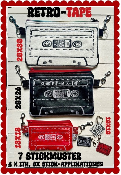 ♥ Kritzel-TAPE-Bag♥ KASSETTE Tasche ITH 13x18 20x26 20x30cm plus ANhängsel 10x10cm