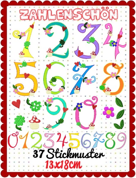 ♥ZAHLENSCHÖN♥ Stickdatei NUMMERN Zahlen DIY FransenAPPLI 13x18cm