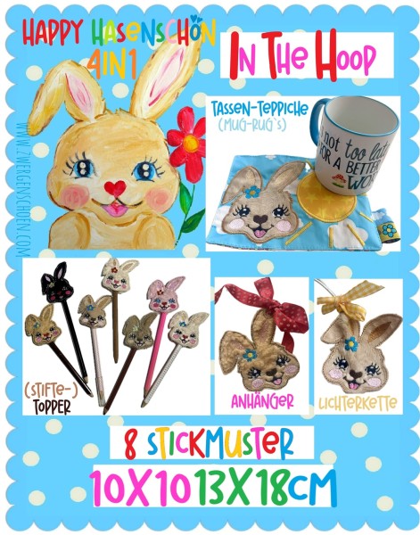 ♥HAPPY HasenSCHÖN Spezial ITH♥ Stickmuster BUNNY 4in1 InTheHOOP 10x10 13x18cm