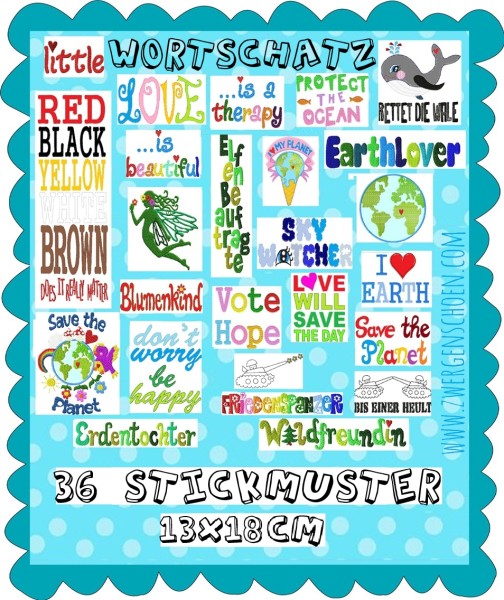 ♥WORTSCHATZ♥ Stickmuster STATEMENTS Peace LOVE Earth UNITED Hope 13x18cm