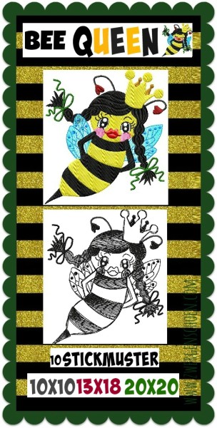 ♥BEE Queen♥ Stickmuster BIENENKÖNIGIN 10x10 13x18 20x20cm