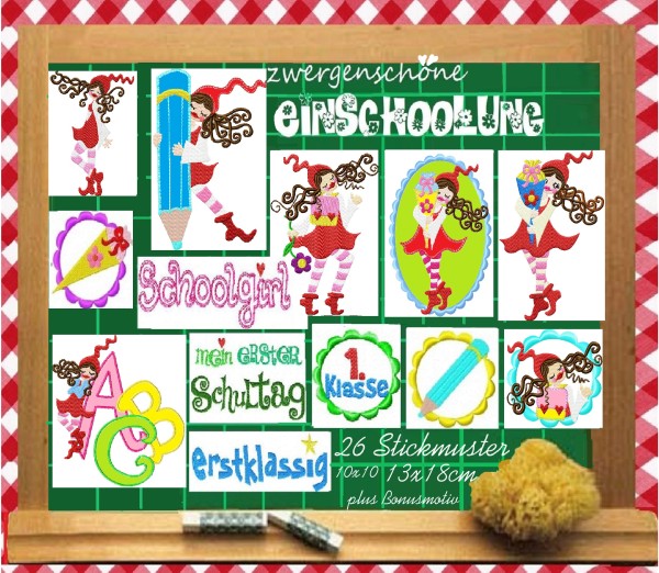 ♥einSCHOOLung♥ Stickmuster SCHULE Milli 10x10 13x18cm +BONUS 18x30cm