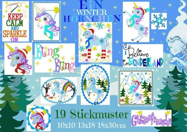 ♥EINwinterHÖRNCHEN♥ Stickmuster WINTERWUNDER Einhorn 10x10 13x18 18x30cm