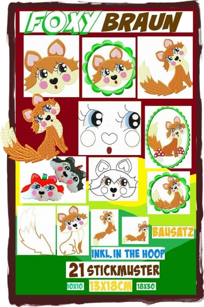 ♥FOXY BRAUN♥ Stickdatei FUCHS Spezial ITH Bausatz 10x10 13x18 18x30cm