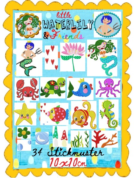 ♥little WATERLILLY&Friends♥ STICKDATEI Nixen MERMAIDs Wassermann FISCHE&Co. 10x10cm