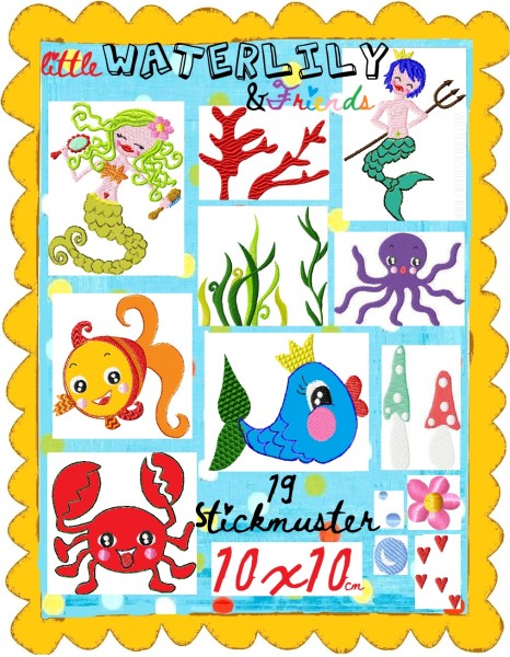 ♥little WATERLILLY&Friends♥ STICKDATEI Nixen MERMAIDs Wassermann FISCHE&Co. 10x10cm