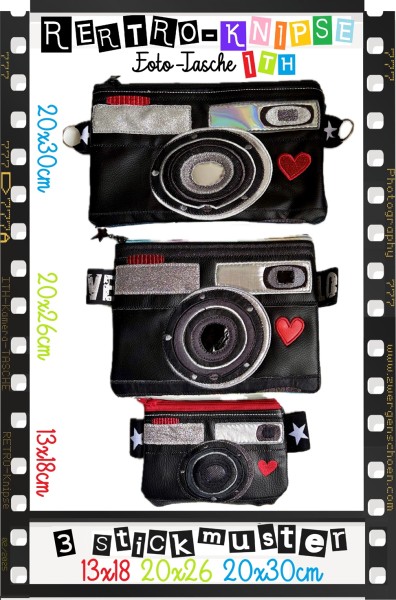 ♥RETRO Kamera TASCHE♥ Stickmuster ITH In The HOOP 13x18 20x26 20x30cm