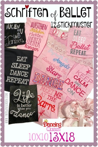 ♥SCHRIFTEN of DANCE♥ Stickmuster DANCING QUEEN Tanzen EMBROIDERY 10x10 13x18cm
