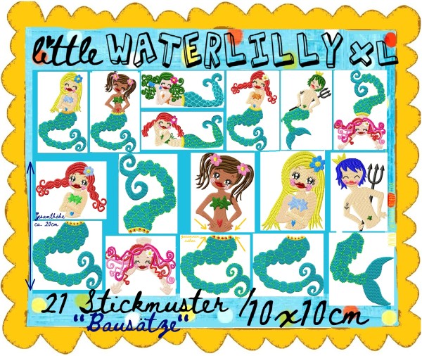 ♥little WATERLILLY XL♥ Stickmuster SPEZIAL 10x10cm BAUSATZ Nixen MERMAIDS