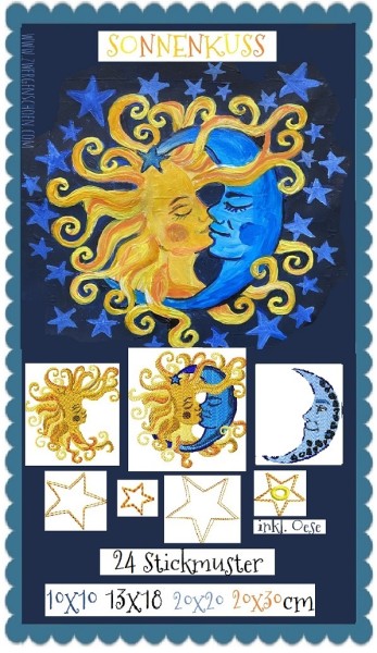 ♥SONNENKUSS♥ Stickmuster SONNE MOND Liebe 10x10 13x18 20x20 20x30cm