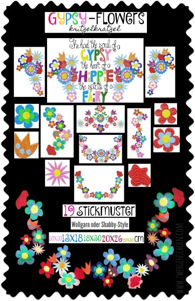 ♥GYPSY-Flowers KRITZELKRATZEL♥ Stickdatei SPEZIAL-EFFEKT Wollgarn BLUMEN 10x10 13x18 18x30 20x26 20x