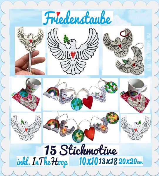 ♥FRIEDENsTAUBE♥ Stickmuster PEACE LOVE HOPE inkl. ITH 10x10 13x18 20x20cm