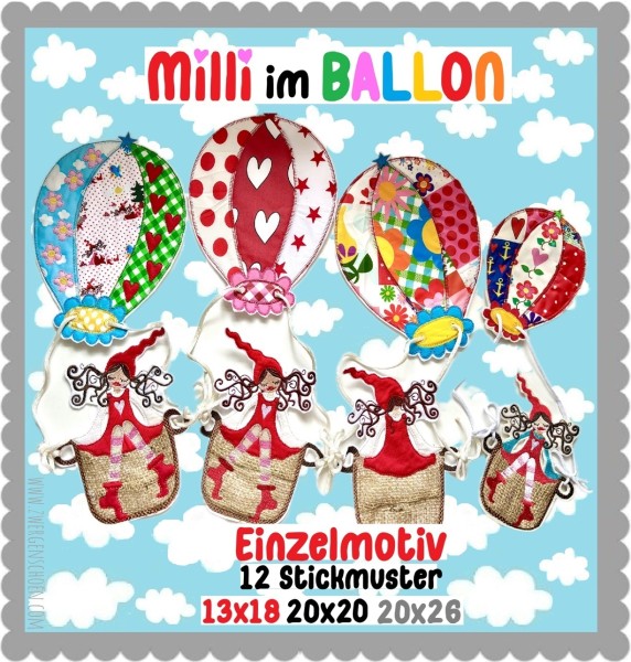 ♥MILLI im BALLON♥ Stickmuster HEISSLUFTBALLON Bausatz 13x18 20x20 20x26cm