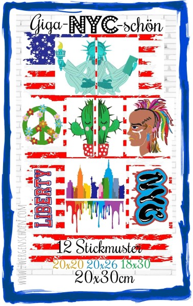 ♥Giga-NYC-schön♥ Stickmuster NEW YORK Gigahoop USA 20x20 20x26 18x30 20x30cm