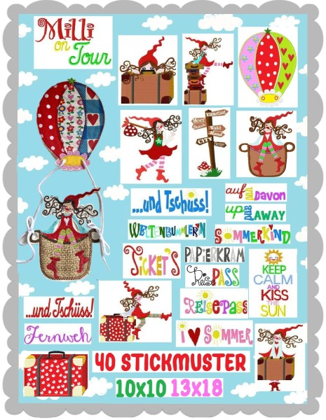 ♥MILLI on TOUR♥ Stickdatei URLAUB Reise FERIEN Travel HOLIDAY ink. SCHRIFTEN 10x10 13x18cm